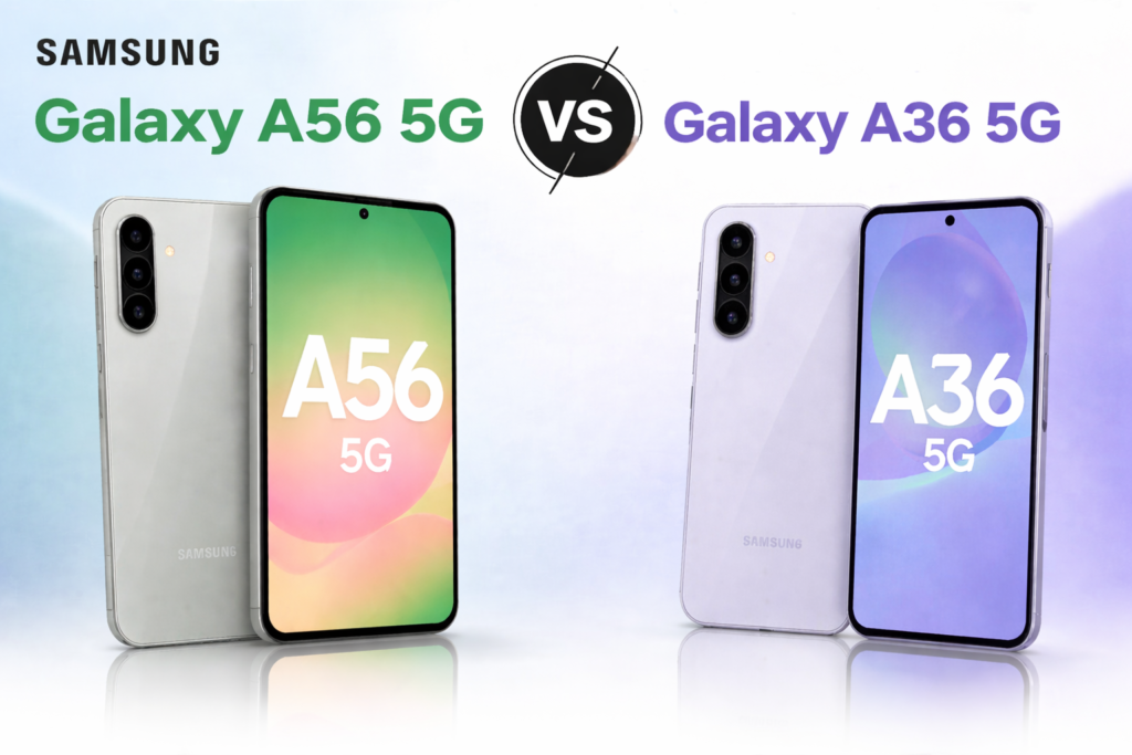 Comparison of Samsung Galaxy A56 5G vs A36 5G price and specs in India by MKTechware.